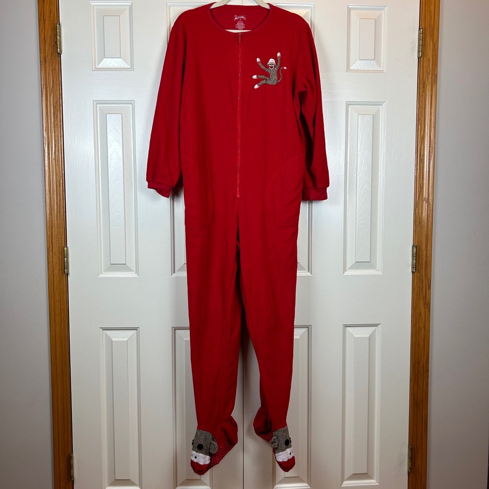 Nick & Nora Womens Red Fleece Sock Monkey Footed Pajamas Size M One Piece Zip Up